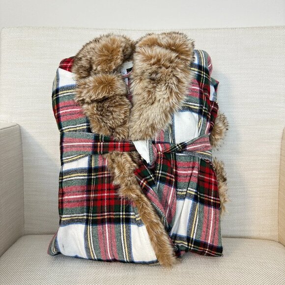 POTTERY BARN Stewart Plaid Flannel Faux Fur Robe in Multi Size Small/Medium - Picture 3 of 8